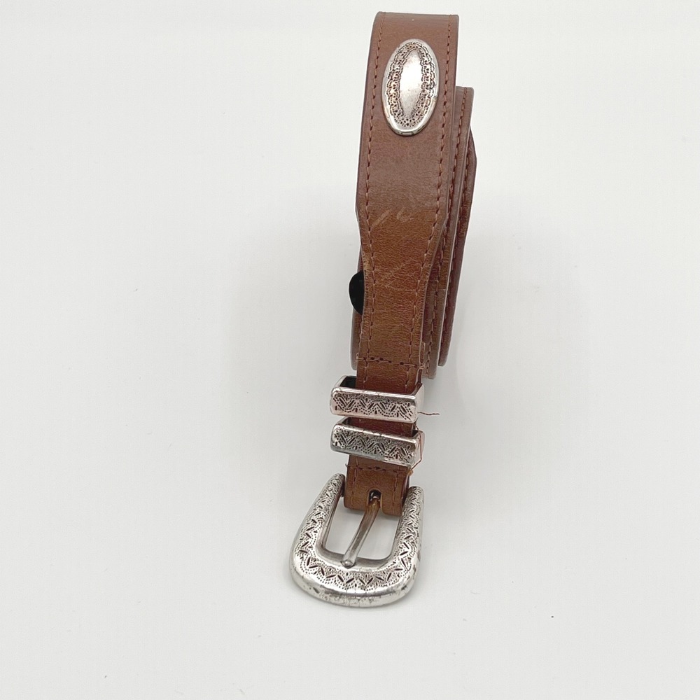Canterbury Mens 34 Latigo Brown Leather Belt Silver Hardware Ornate Buckle Retro